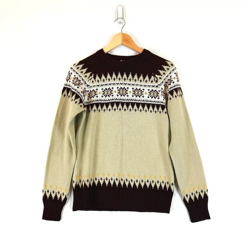 VTG 80s Ferranti Men Fair Isle Sweater Medium Brown Pull Over Grandpa Crew Retro